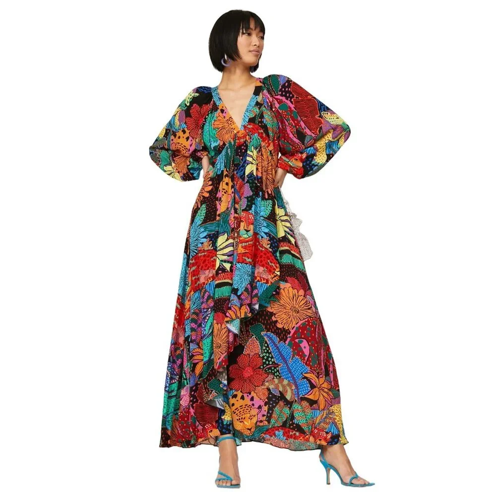 Farm Rio Cool Leopard Maxi Dress in Multicolor Medium Womens Long Gown - Picture 15 of 15